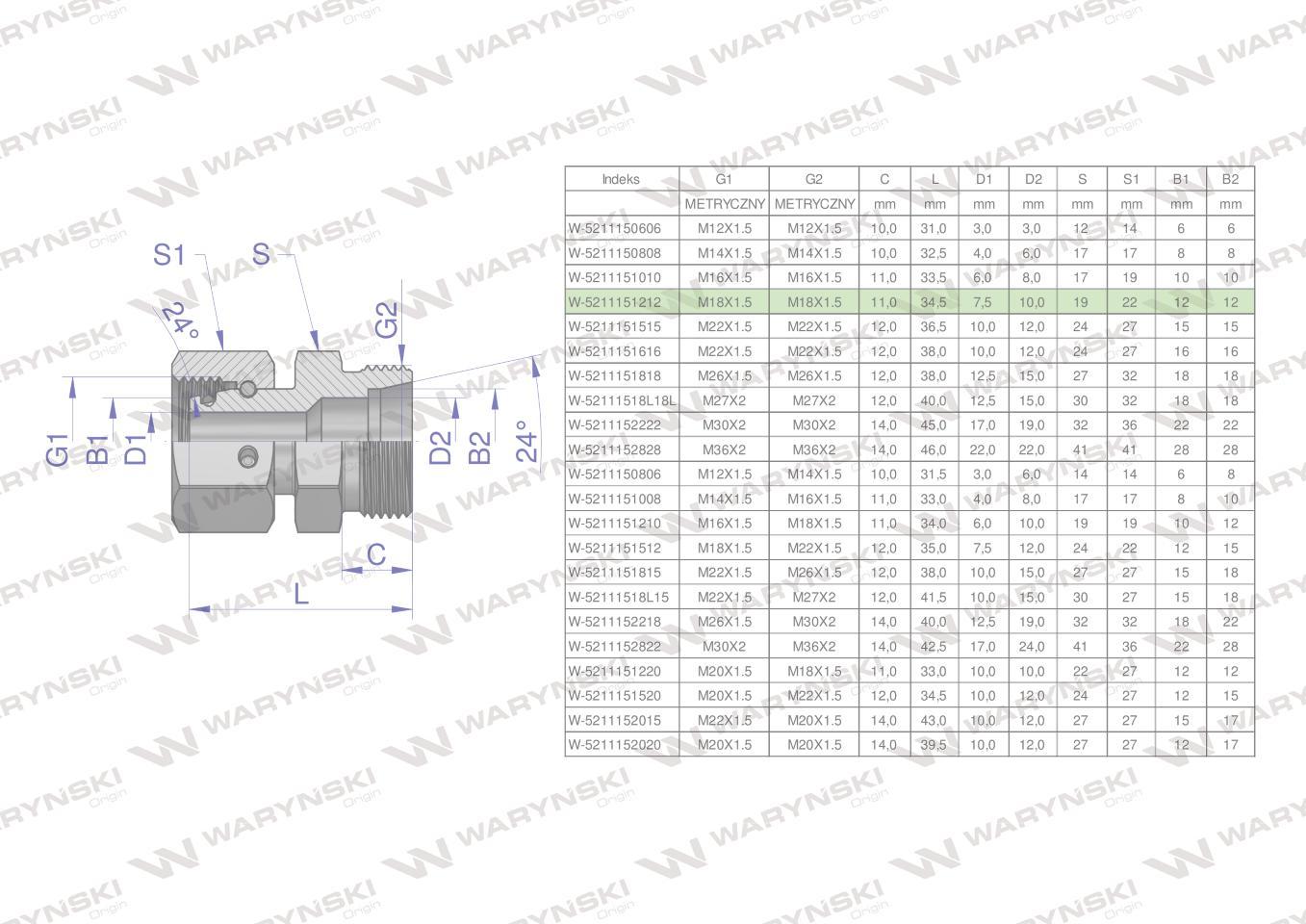 Złączka hydrauliczna metryczna ab xkor a-m18x1.5 12l b-m18x1.5 12l waryński 5szt - zdjęcie 4