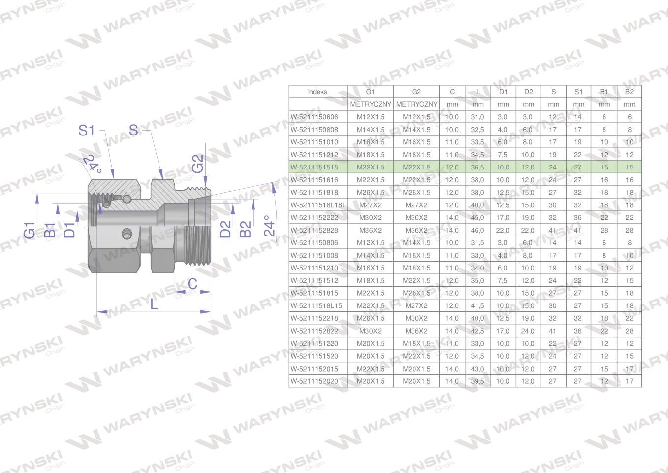 Złączka hydrauliczna metryczna ab xkor a-m22x1.5 15l b-m22x1.5 15l waryński 5szt - zdjęcie 4