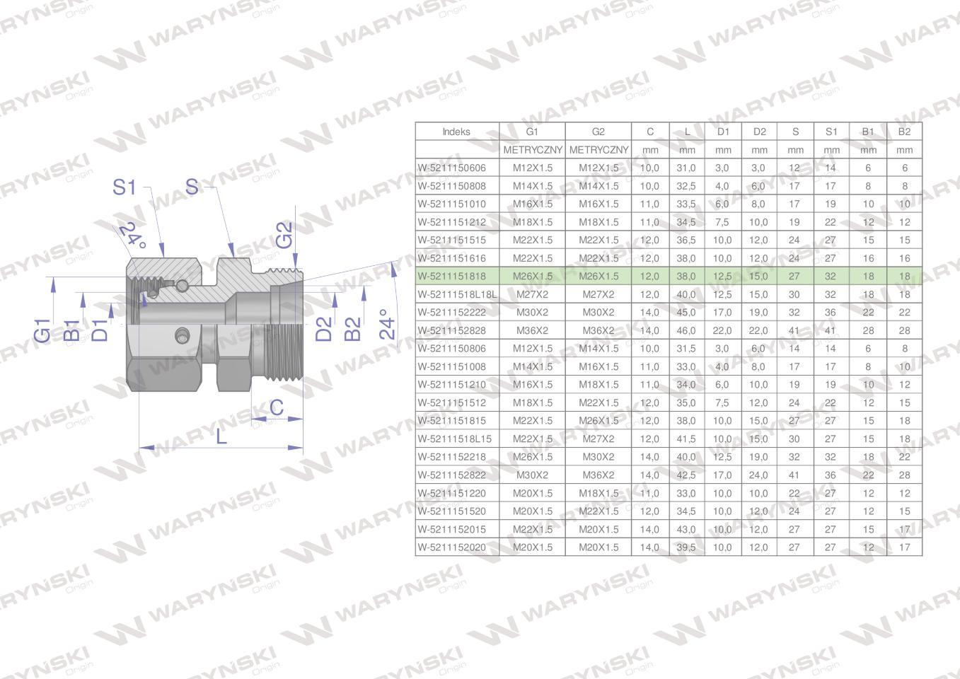 Złączka hydrauliczna metryczna ab xkor a-m26x1.5 18l b-m26x1.5 18l waryński 2szt - zdjęcie 4
