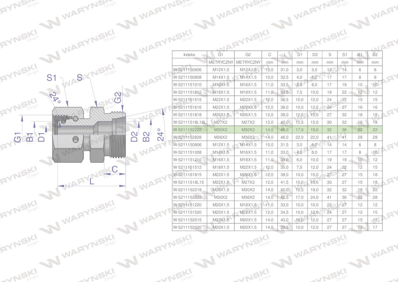 Złączka hydrauliczna metryczna ab xkor a-m30x2 22l b-m30x2 22l waryński - zdjęcie 4