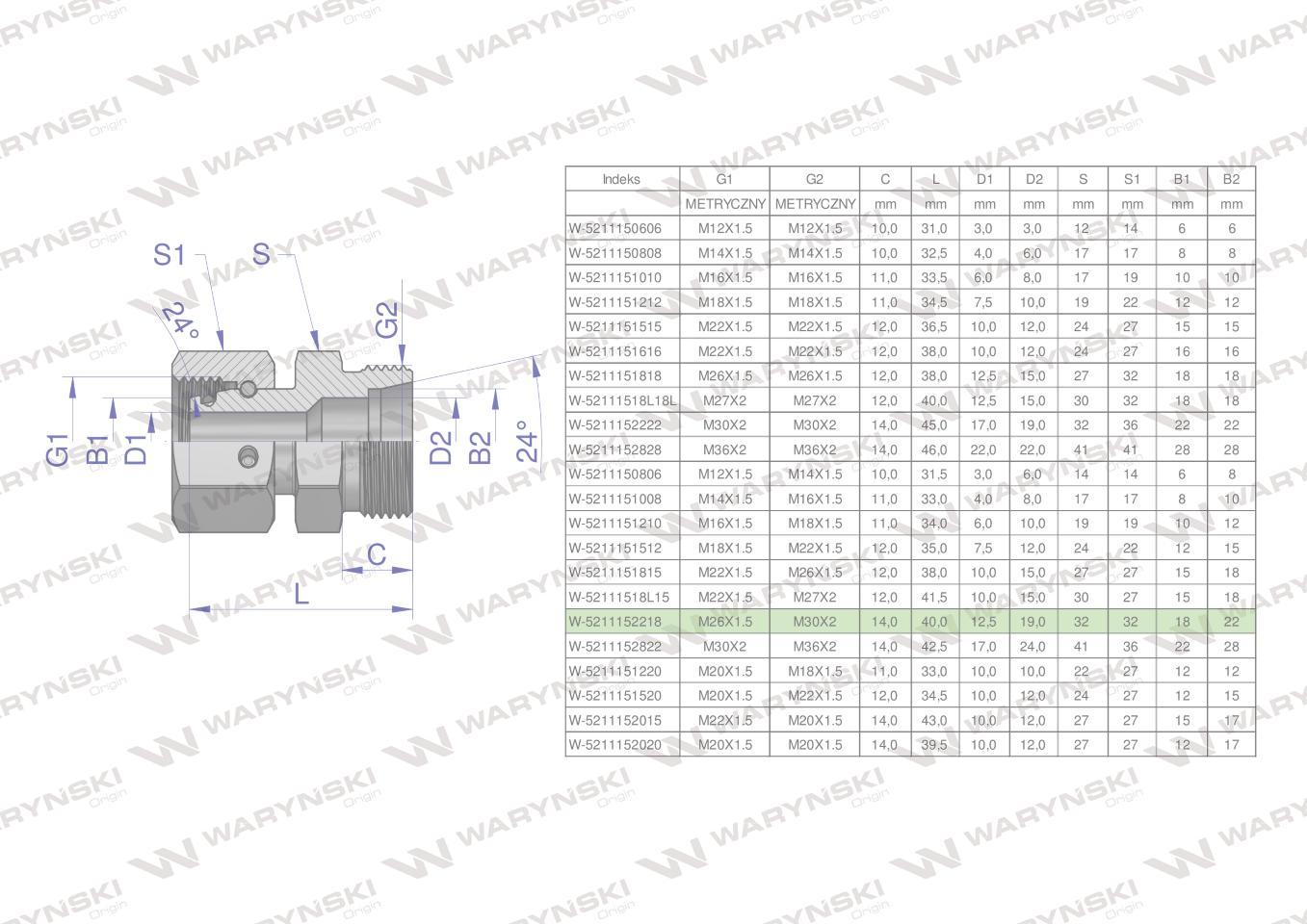 Złączka hydrauliczna metryczna ab xkor a-m26x1.5 18l b-m30x2 22l waryński - zdjęcie 4