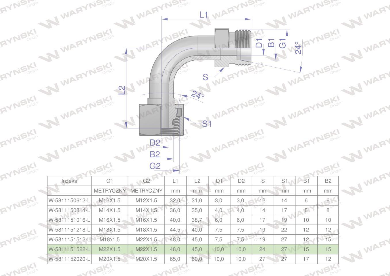 Kolanko hydrauliczne metryczne łukowe ab m22x1.5 15l xevw waryński 10szt - zdjęcie 4