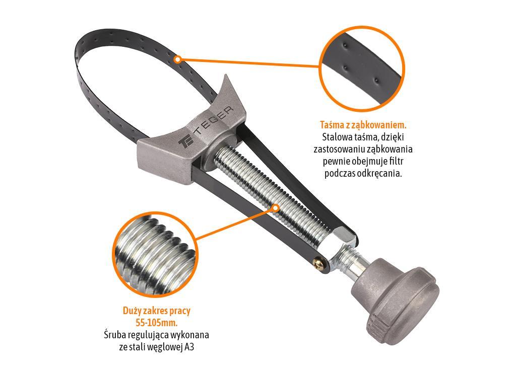 Klucz do odkręcania filtrów taśmowy uniwersalny 55-105mm teger - zdjęcie 3