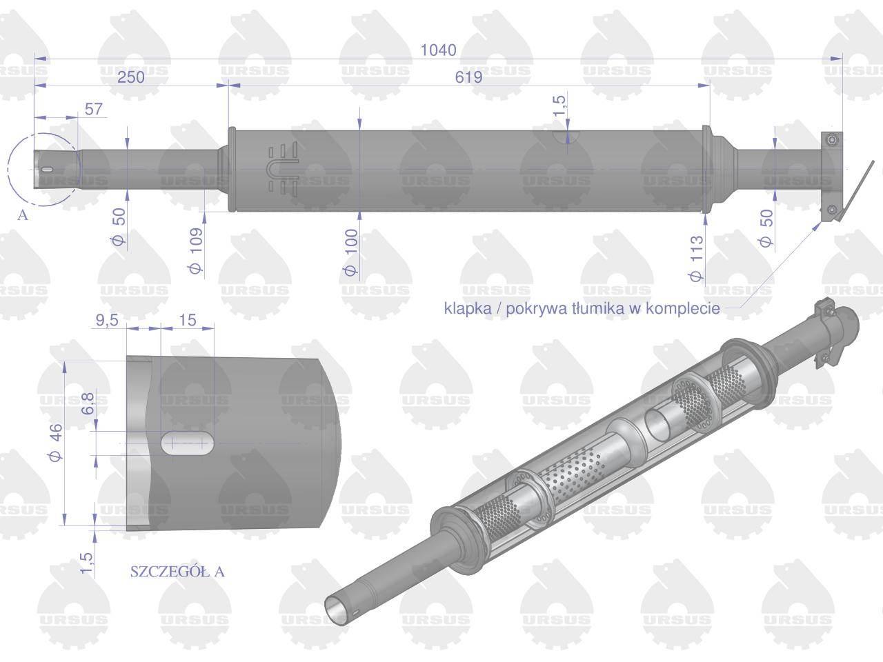 Tłumik okrągły 1040mm 5,3kg c-360 prosty oryginał ursus - zdjęcie 3