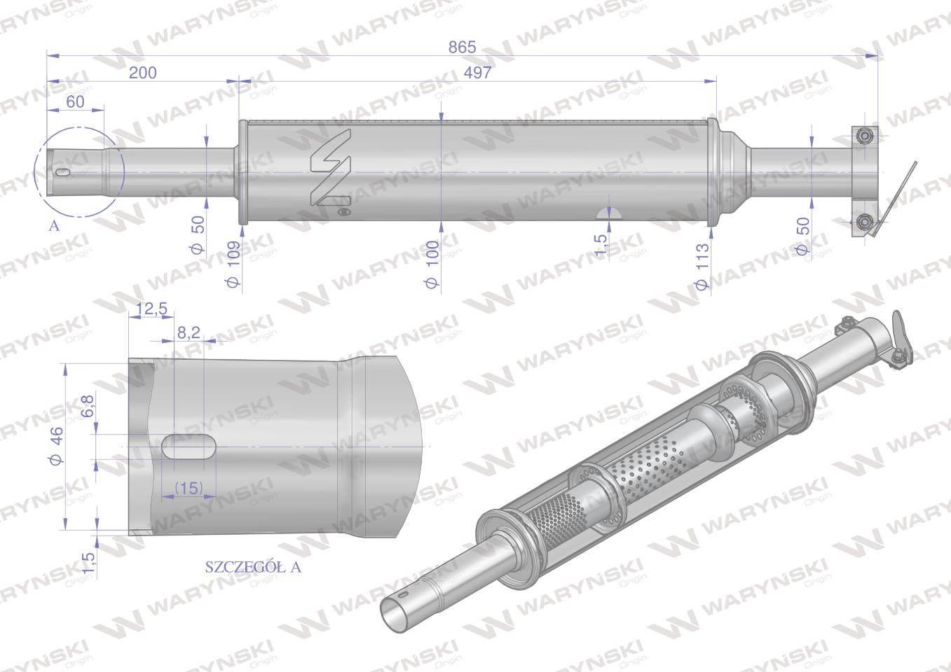 Tłumik okrągły krótki 865mm 4.5kg c-330 prosty inox waryński - zdjęcie 3
