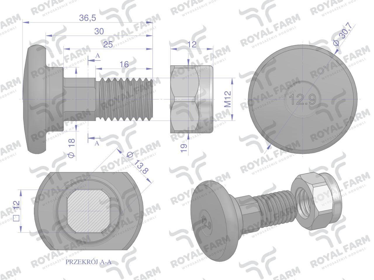Śruba nożyka kpl m12x37 stoll vicon royal farm 10szt - zdjęcie 2
