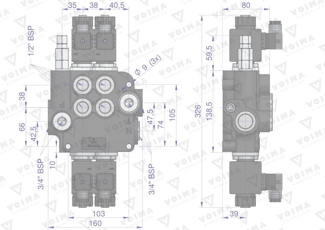 Rozdzielacz hydrauliczny 2-sekcyjny sterowany elektrycznie 12v 80l voima - zdjęcie 3