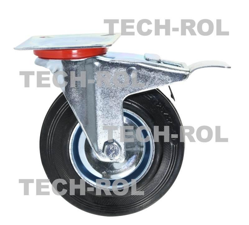 Koło metalowo-gumowe fi-125 mm z hamulcem w obudowie skrętnej z płytką