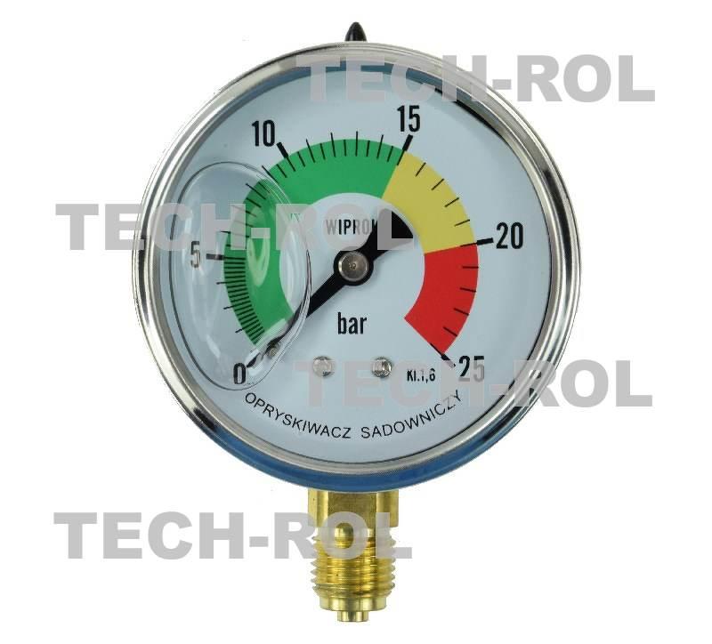 Manometr glicerynowy 0-25 bar fi-63 mm mocowanie dolne gwint 1/4 cala