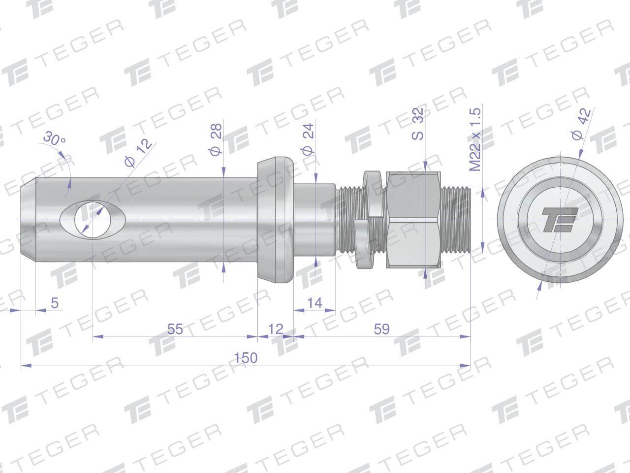 Sworzeń z gwintem t-sg28552245150 fi 28/55mm m22x1.5/45mm 150mm teger - zdjęcie 3