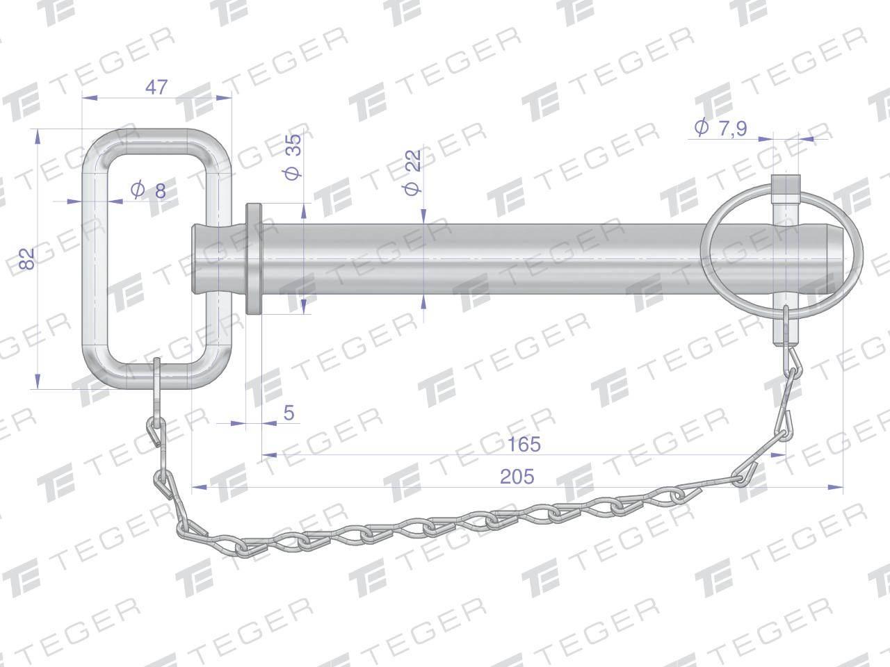 Sworzeń zaczepu z zawleczką i łańcuchem 22x165x205 teger - zdjęcie 3