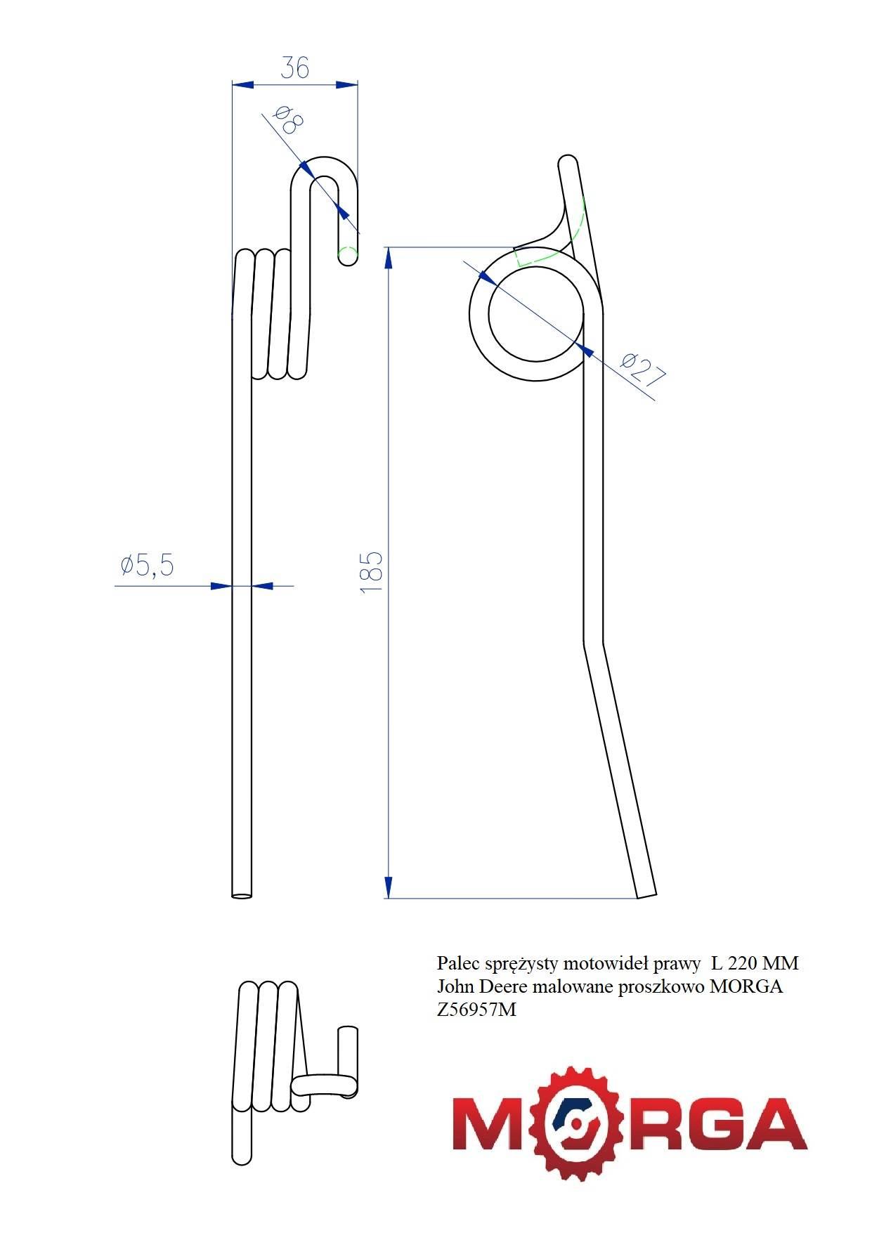 Palec Sprężysty Motowideł Prawy Z56957 L 220 Mm John Deere Malowane - zdjęcie 4