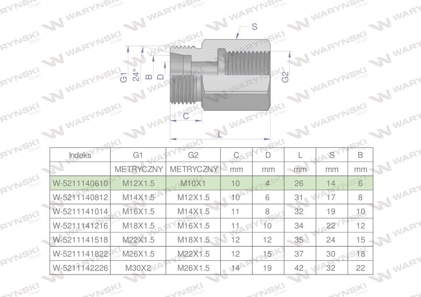 Tulejka różnicowa hydrauliczna metryczna ab m12x1.5 06l gzxm10x1 gw waryńsk