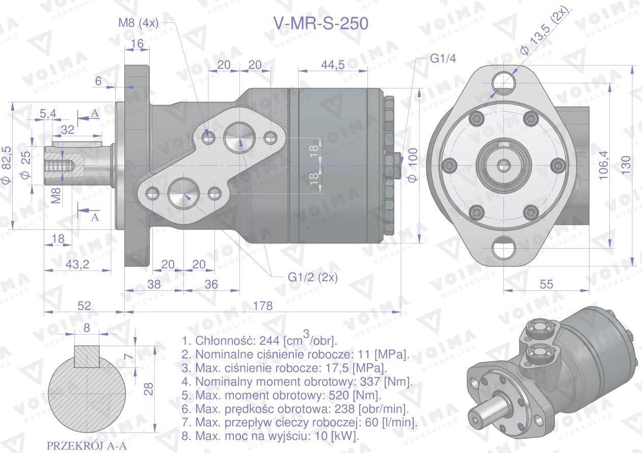 Silnik hydrauliczny orbitalny V-MR-S 250 cm3/obr 175 bar max.200 bar VO - zdjęcie 6