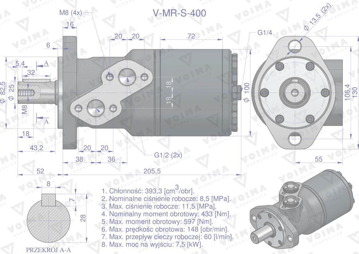 Silnik hydrauliczny orbitalny V-MR-S 400 cm3/obr 115 bar max.150 bar VO - zdjęcie 6