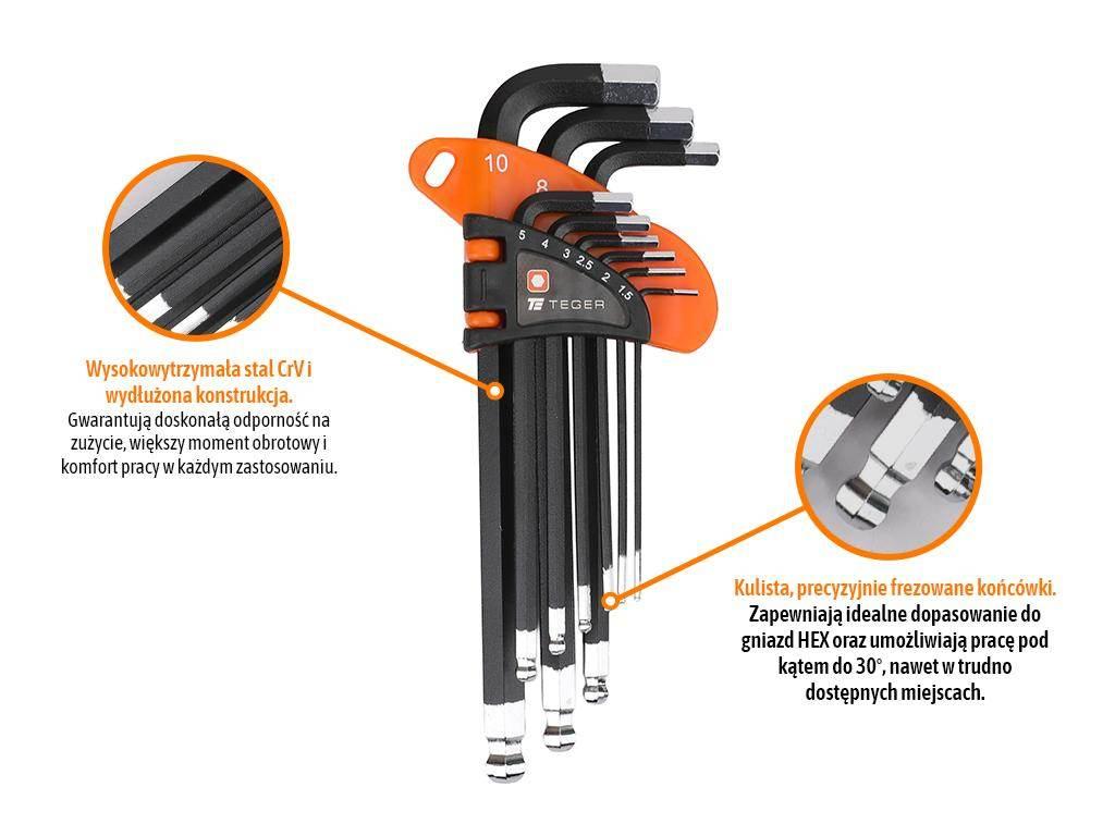 Zestaw kluczy imbusowych HEX 1,5-10 mm DŁUGIE 9szt Teger - zdjęcie 2