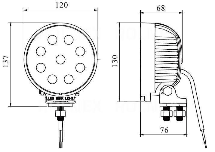 Lampa rob. okrągła led 27w 9 led 9x3w; 10-30v; 2000lm; śred: 120 lro27