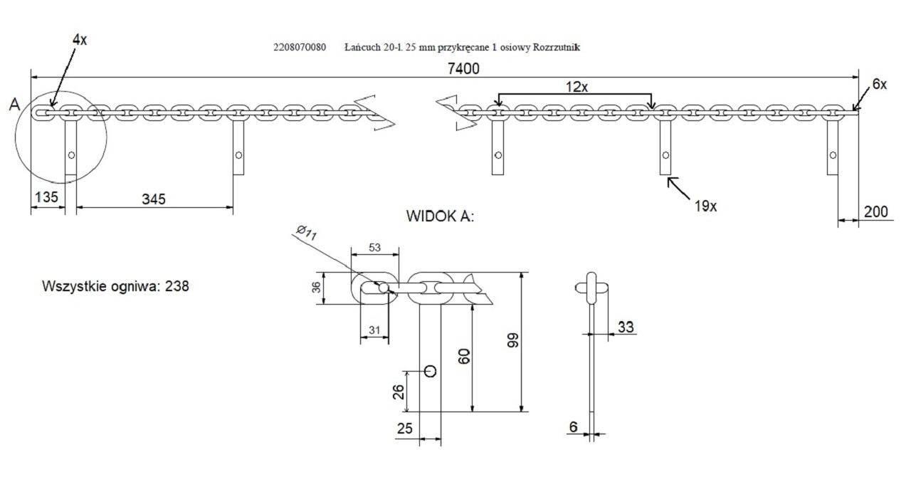 Łańcuch 20-l. 25 mm przykręcane 1 osiowy Rozrzutnik 2208070080 - zdjęcie 2
