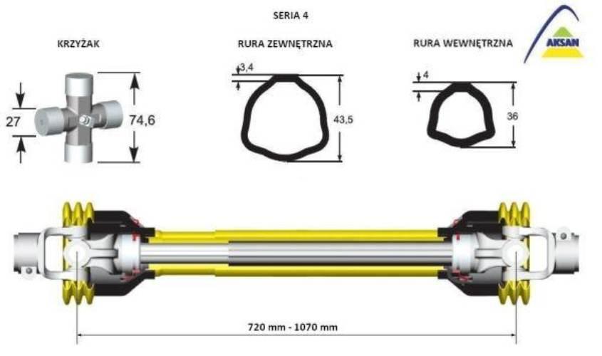 Wał przegubowo-teleskopowy 710-1070mm 460Nm 50240 CE seria 4 AKSAN P46-71 - zdjęcie 2