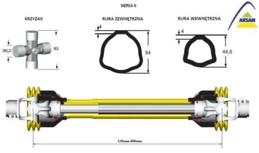 Wał przegubowo-teleskopowy 610-880mm 830N CE seria 6 AKSAN P83-61 - zdjęcie 2