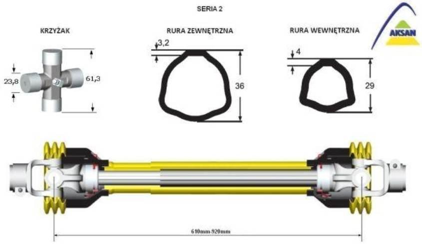 Wał przegubowo-teleskopowy 610-920mm 250Nm 40230 CE seria 2 AKSAN P25-61 - zdjęcie 2