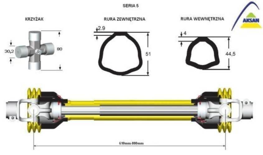 Wał przegubowo-teleskopowy 610-880mm 620Nm 60230 CE seria 5 AKSAN P62-61 - zdjęcie 2