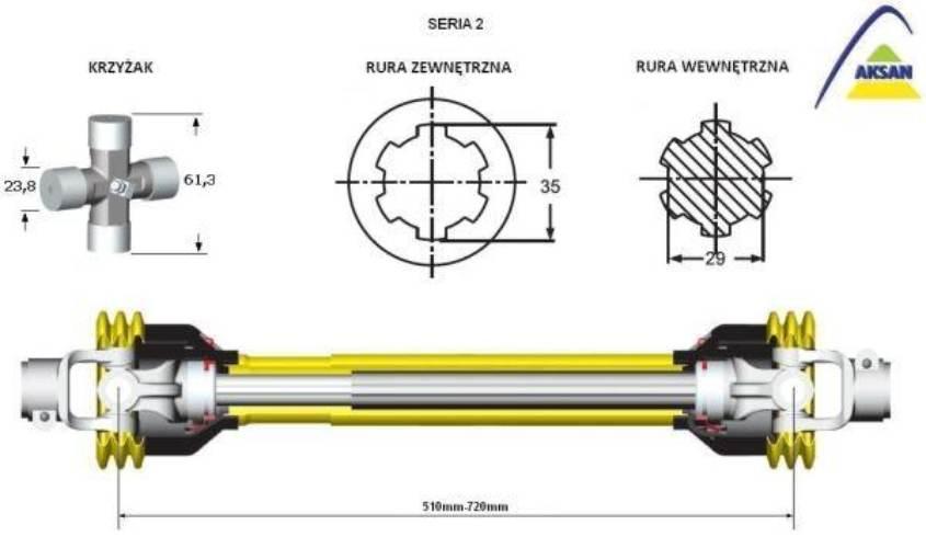 Wał przegubowo-teleskopowy wałek wielowypustowy frezowany 510-720mm 250Nm 4 - zdjęcie 2