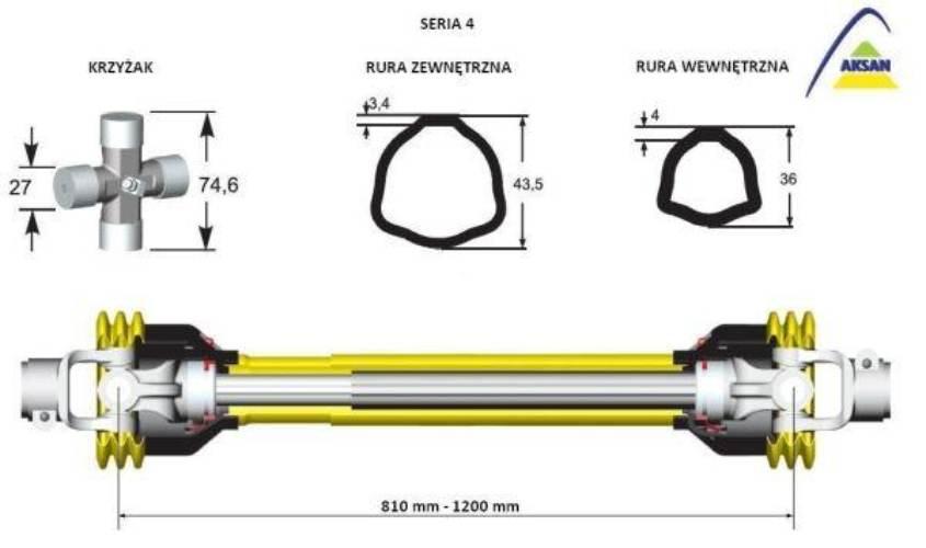 Wał przegubowo-teleskopowy 810-1200mm 460Nm 50250 CE seria 4 AKSAN P46-81 - zdjęcie 2