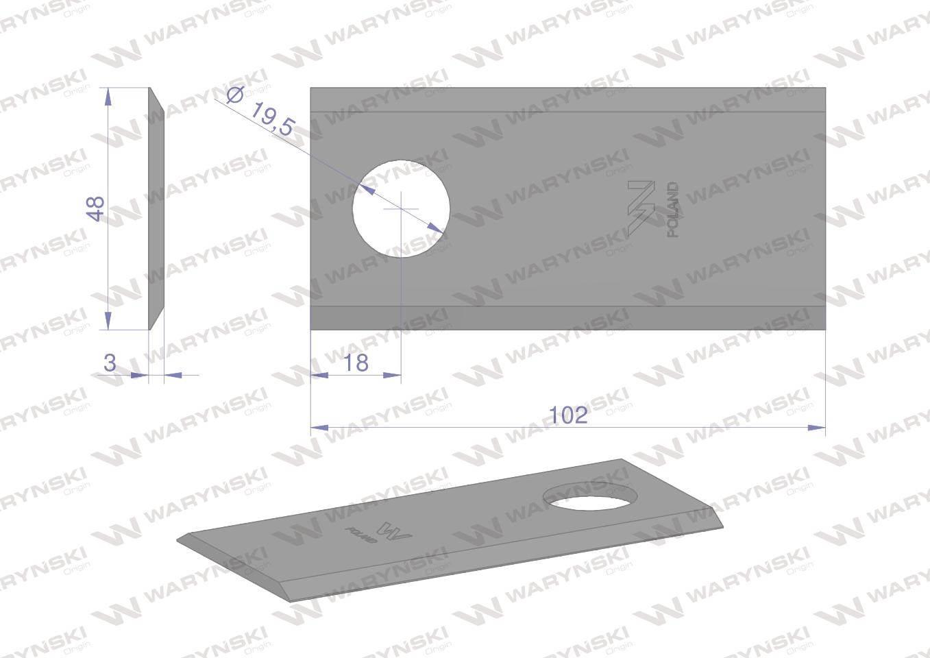 Nóż, nożyk kosiarka rotacyjna 102x48x3mm zastosowanie Samasz WARYŃSKI 25szt - zdjęcie 2