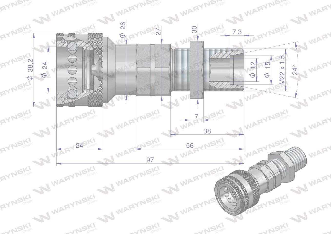 Szybkozłącze hydrauliczne gniazdo long M22x1.5 gwint zewnętrzny EURO (91008 - zdjęcie 2