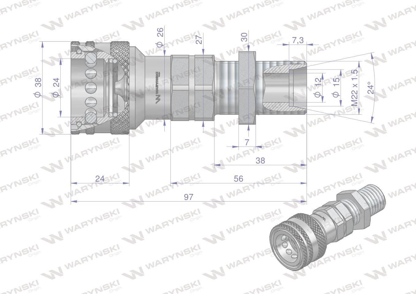 Szybkozłącze hydrauliczne gniazdo long M22x1.5 gwint zewnętrzny EURO (91008 - zdjęcie 3
