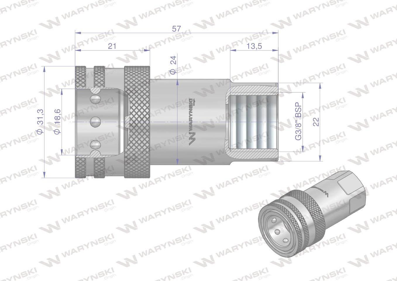 Szybkozłącze hydrauliczne gniazdo G3/8"BSP gwint wewnętrzny ISO 7241-A Wary - zdjęcie 2