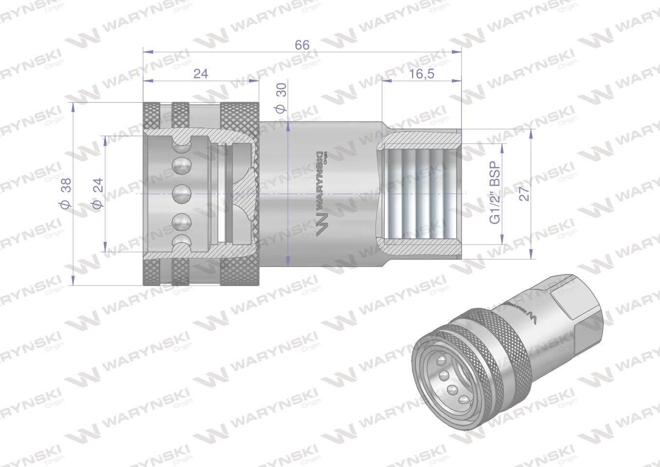 Szybkozłącze hydrauliczne gniazdo G1/2"BSP gwint wewnętrzny ISO 7241-A Wary - zdjęcie 3