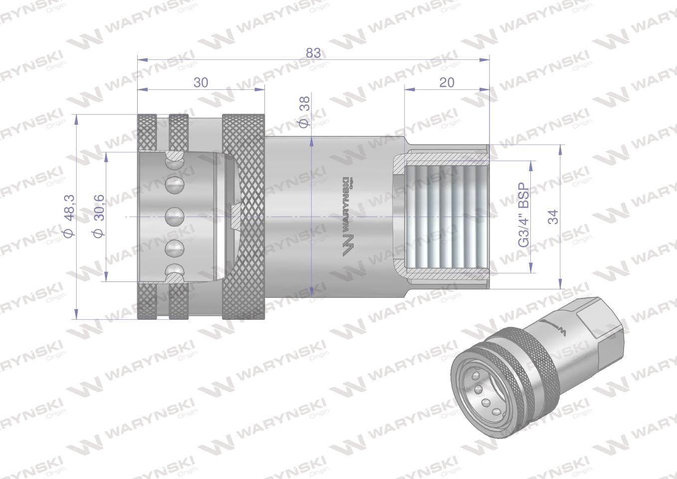 Szybkozłącze hydrauliczne gniazdo G3/4"BSP gwint wewnętrzny ISO 7241-A Wary - zdjęcie 2