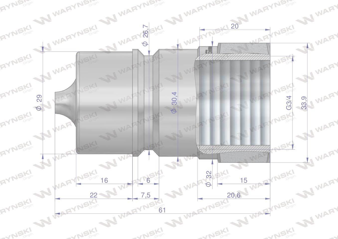 Szybkozłącze hydrauliczne wtyczka G3/4"BSP gwint wewnętrzny ISO 7241-A Wary - zdjęcie 2