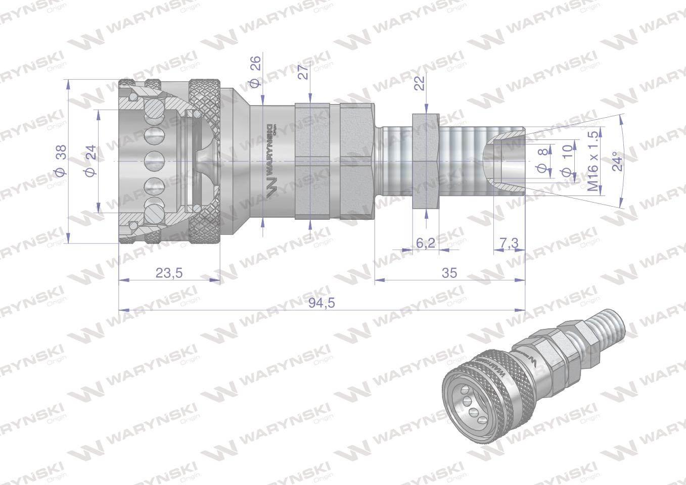Szybkozłącze hydrauliczne gniazdo long M16x1.5 gwint zewnętrzny EURO (91008 - zdjęcie 2