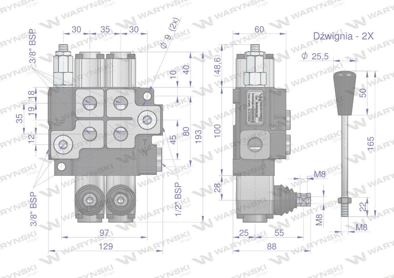 Rozdzielacz hydrauliczny 2-sekcyjny max przepływ 40L z zatrzaskami Waryński - zdjęcie 5
