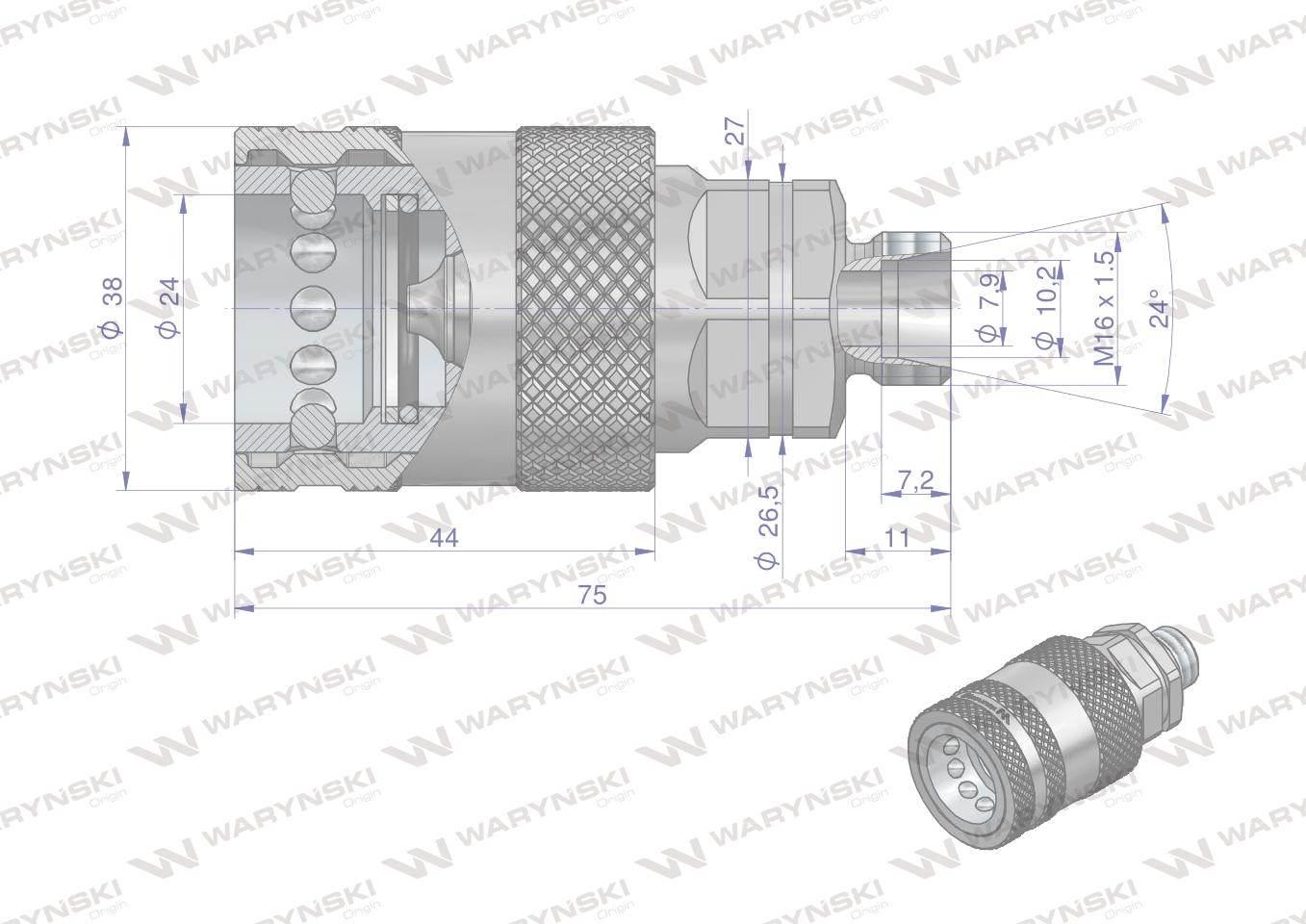 Szybkozłącze hydrauliczne gniazdo M16x1.5 gwint zewnętrzny EURO PUSH-PULL ( - zdjęcie 4