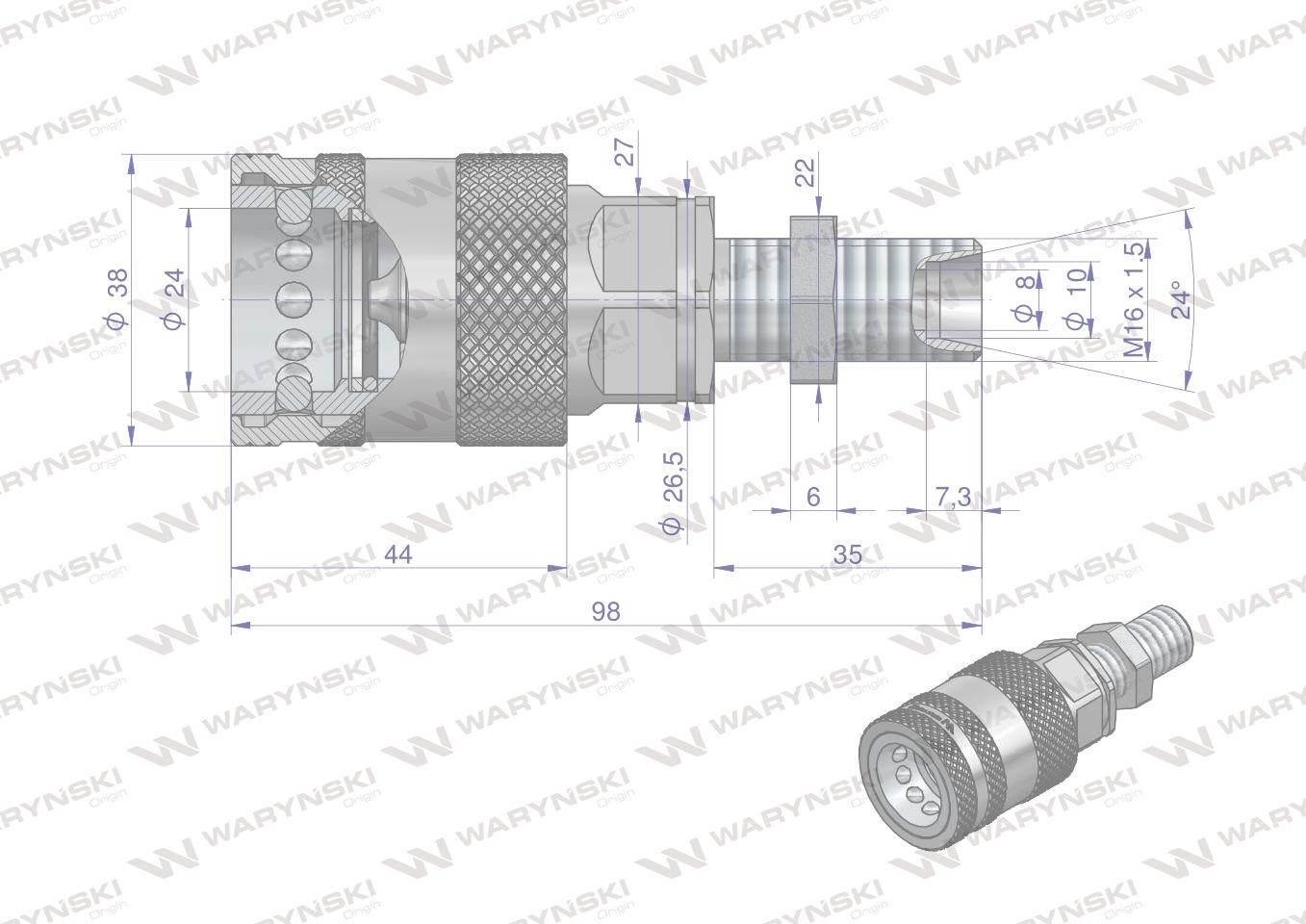 Szybkozłącze hydrauliczne gniazdo long M16x1.5 gwint zewnętrzny EURO PUSH-P - zdjęcie 2