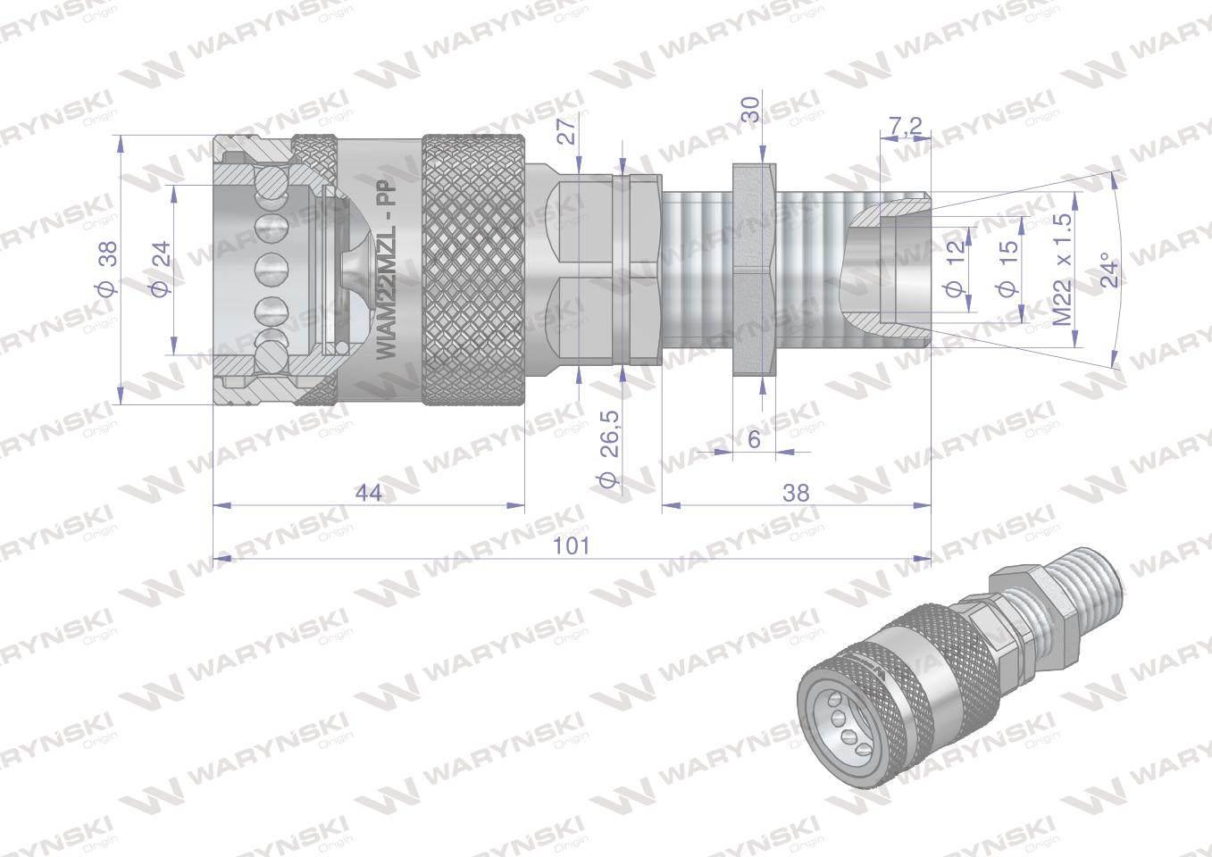 Szybkozłącze hydrauliczne gniazdo long M22x1.5 gwint zewnętrzny EURO PUSH-P - zdjęcie 2