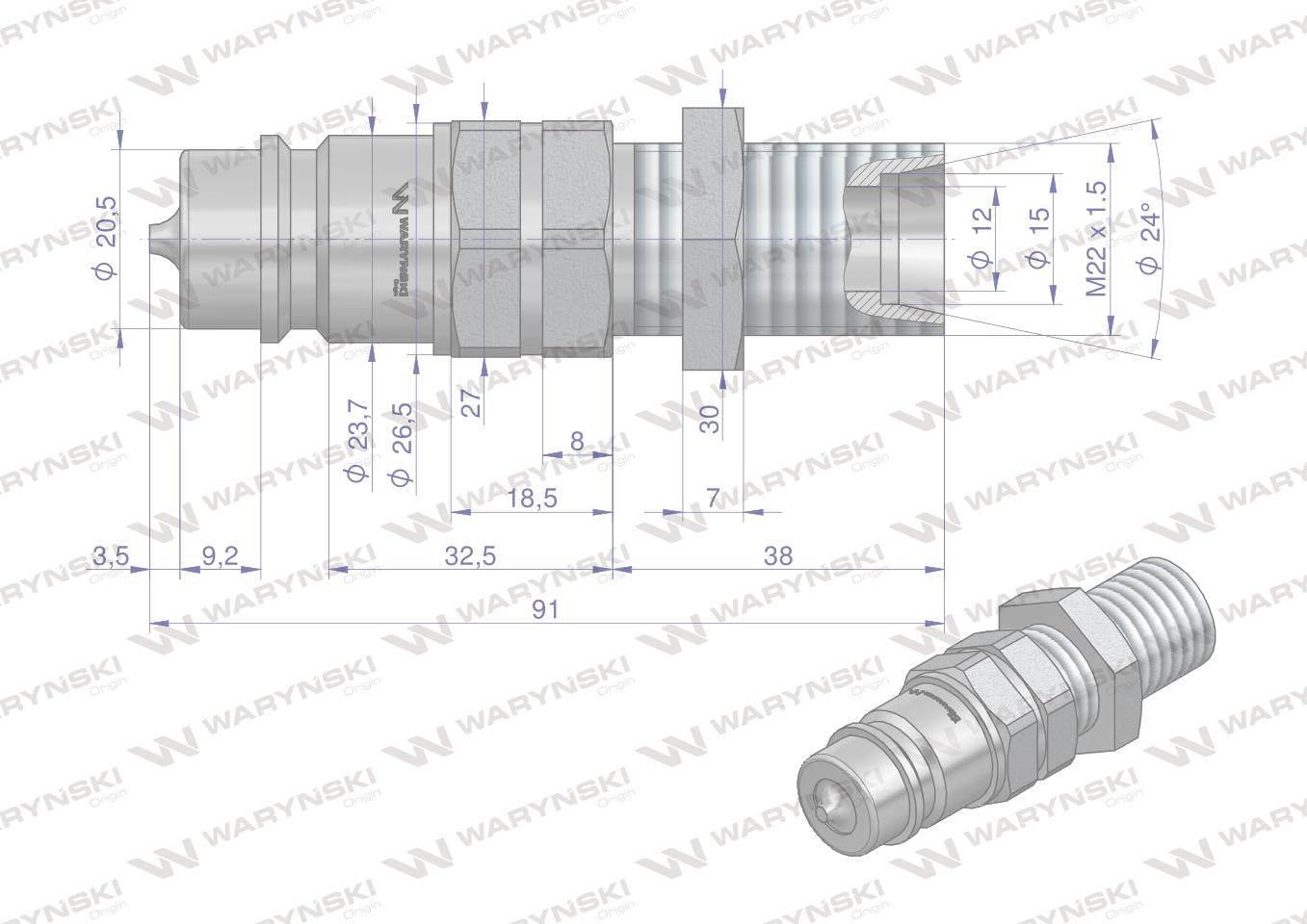 Szybkozłącze hydrauliczne wtyczka long M22x1.5 gwint zewnętrzny EURO (91008 - zdjęcie 2