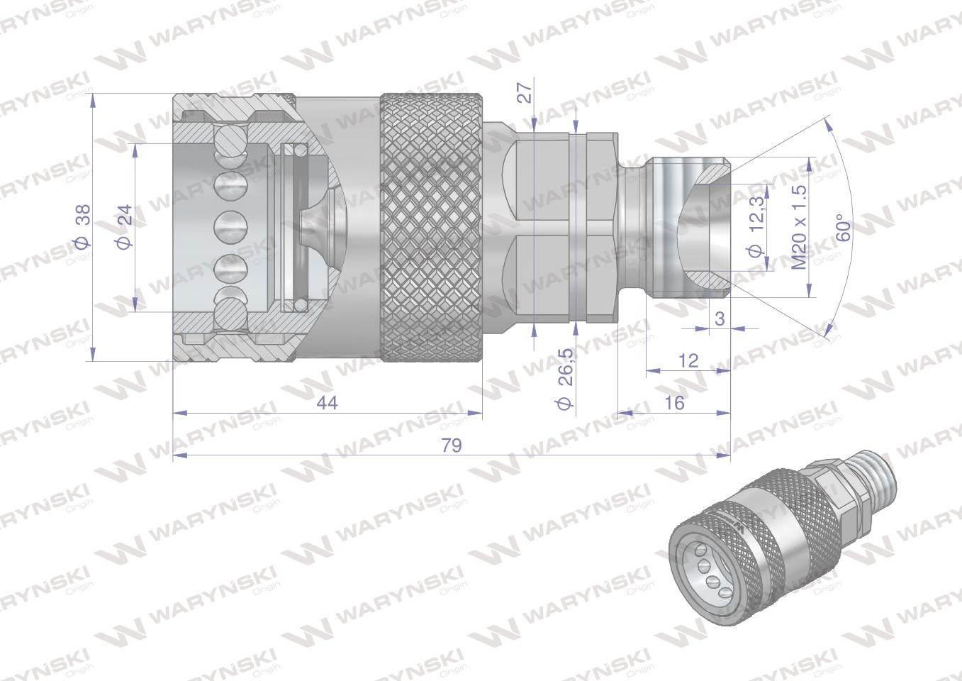 Szybkozłącze hydrauliczne gniazdo M20x1.5 gwint zewnętrzny EURO PUSH-PULL ( - zdjęcie 2