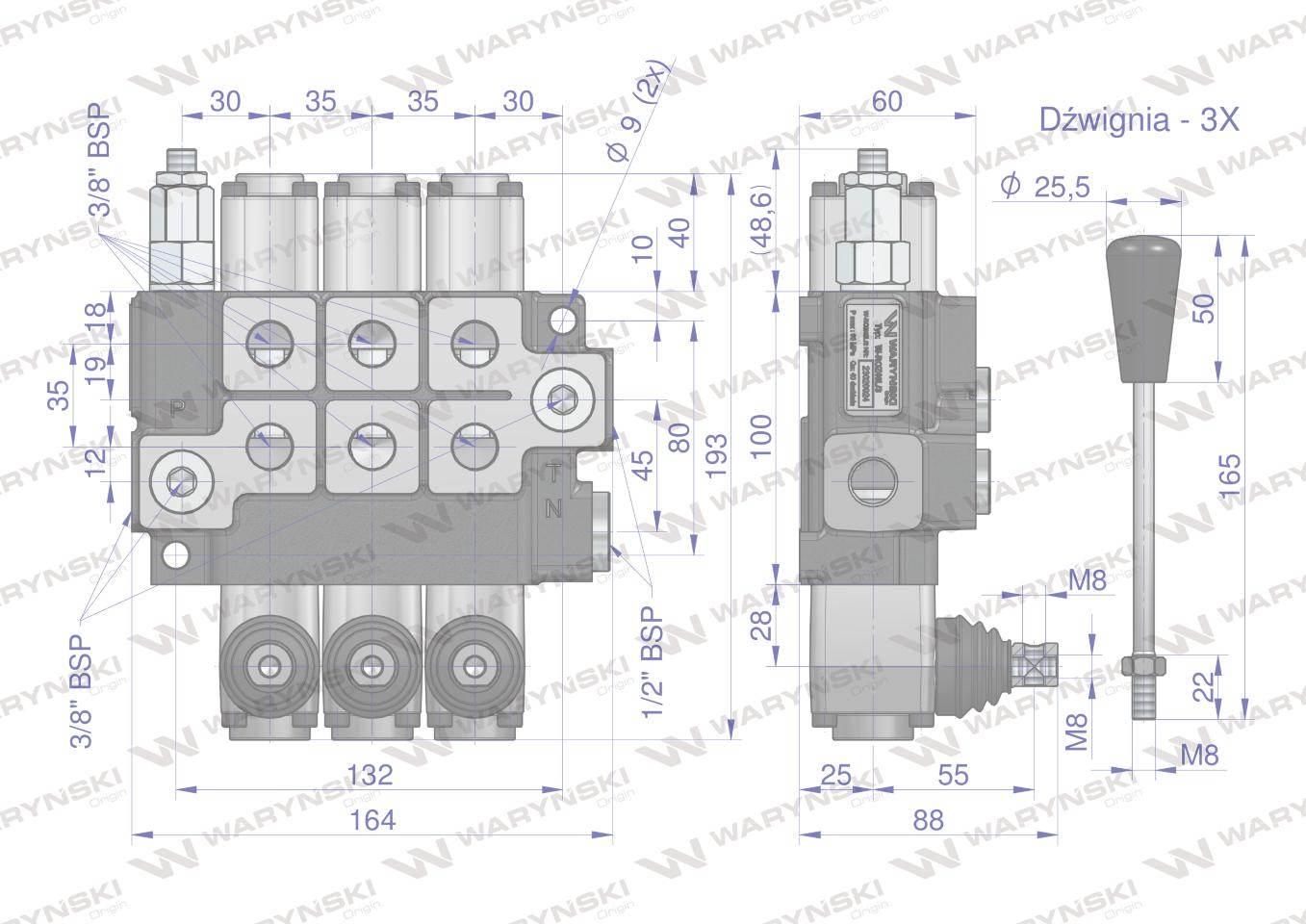 Rozdzielacz hydrauliczny 3-sekcyjny max przepływ 40L Waryński W-ROZ40L/3 - zdjęcie 5