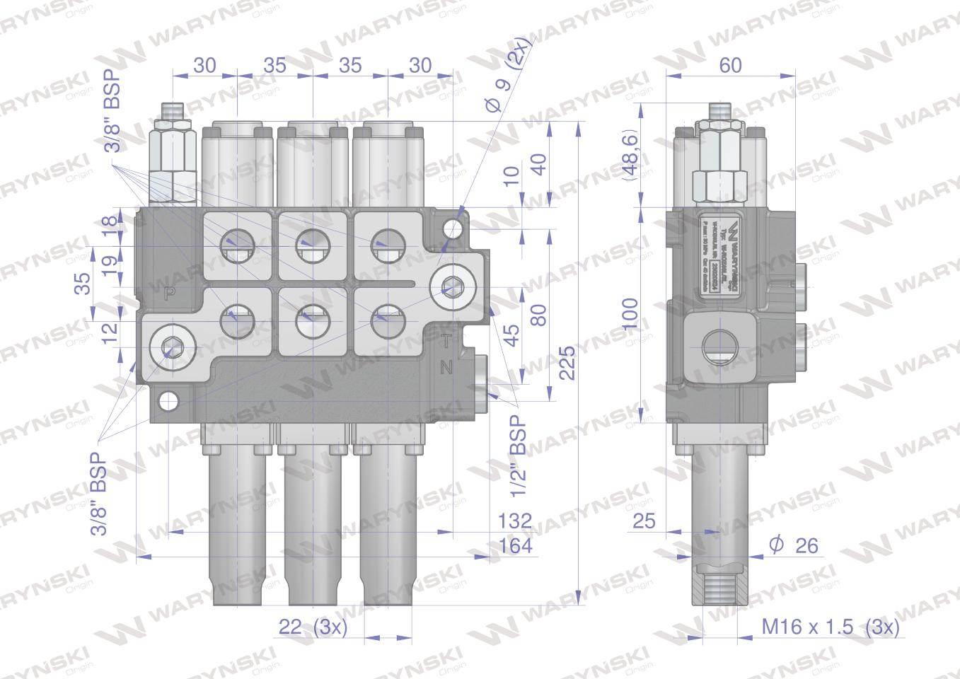 Rozdzielacz hydrauliczny 3-sekcyjny max przepływ 40L sterowany na linkę War - zdjęcie 5