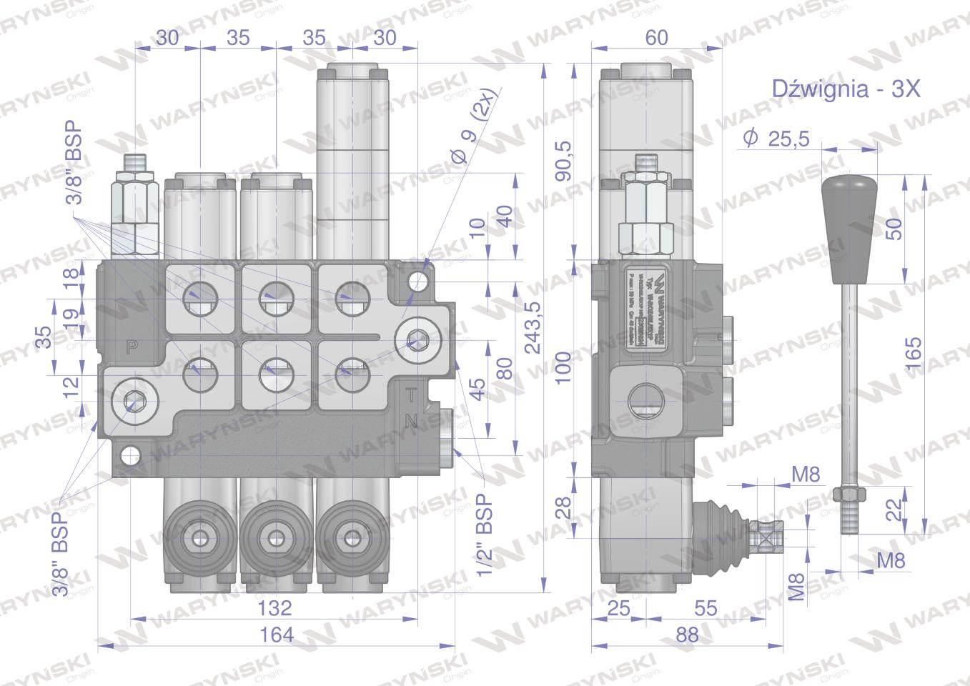 Rozdzielacz hydrauliczny 3-sekcyjny max przepływ 40L 1-sekcja pływająca War - zdjęcie 5