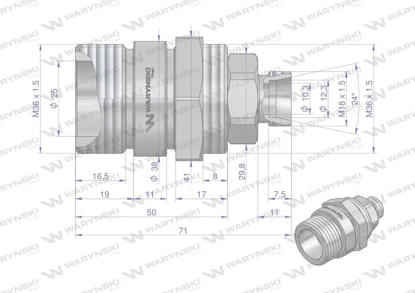 Zawór gniazdo (Bizon) M18x1,5 skręcane (ZSR6160101) Waryński WRSM18GN - zdjęcie 2