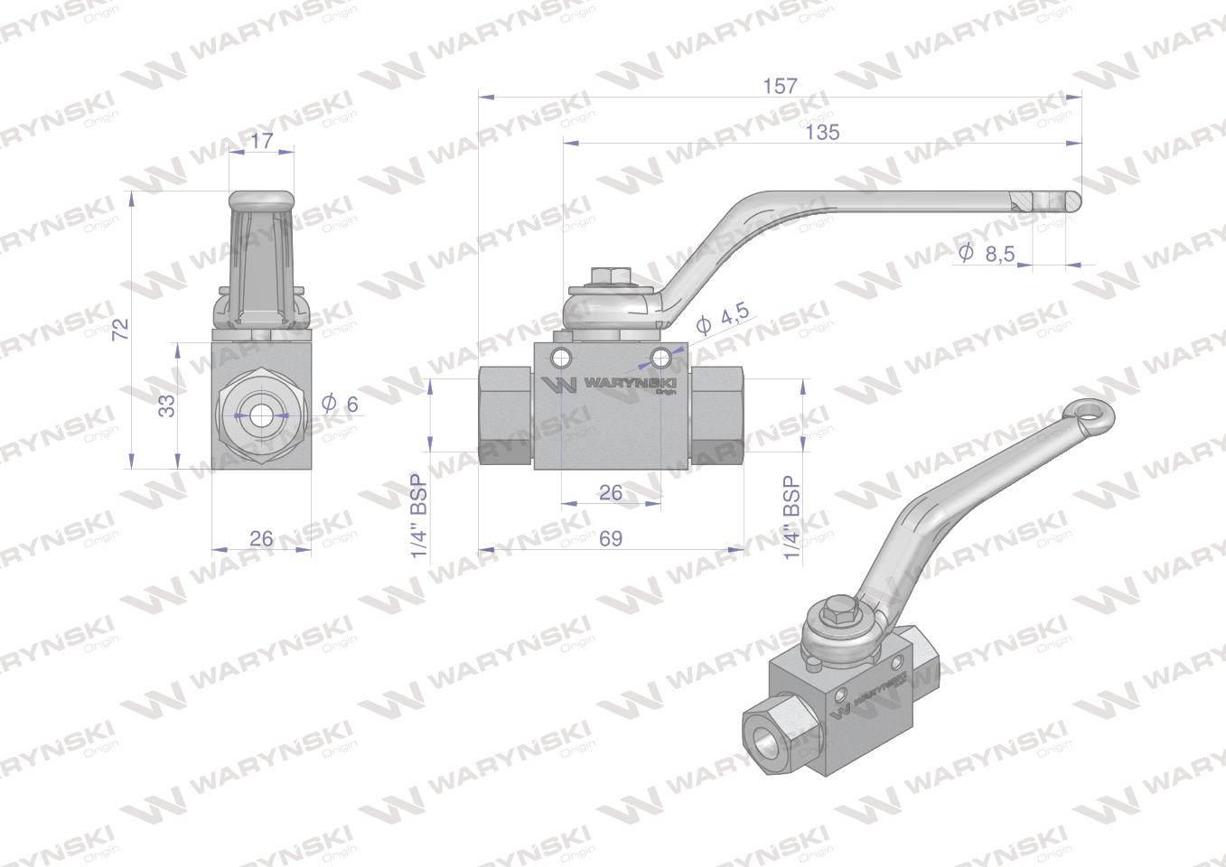 Zawór kulowy hydrauliczny 2-drogowy 2/2 - 1/4"BSP z otworami mocującymi 500 - zdjęcie 2