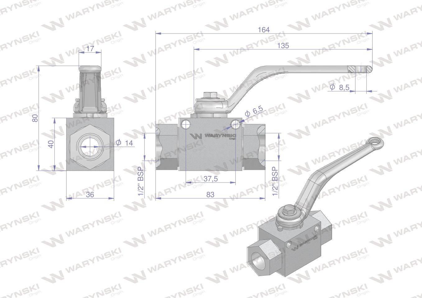 Zawór kulowy hydrauliczny 2-drogowy 2/2 - 1/2"BSP z otworami mocującymi 500 - zdjęcie 2