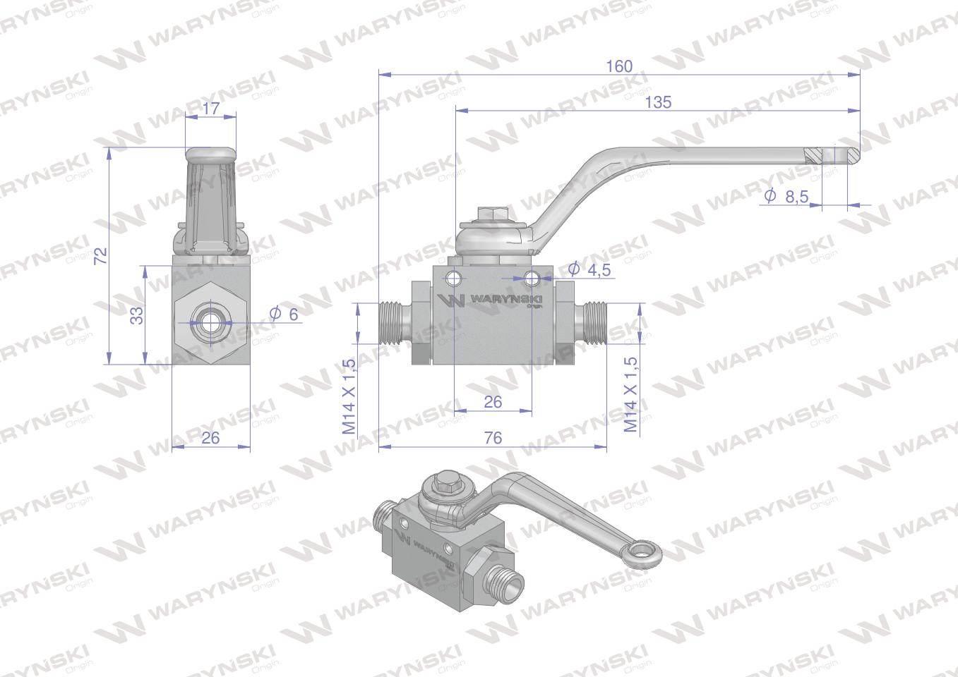 Zawór kulowy hydrauliczny 2-drogowy 2/2 M14x1.5 08L z otworami mocującymi 5 - zdjęcie 4