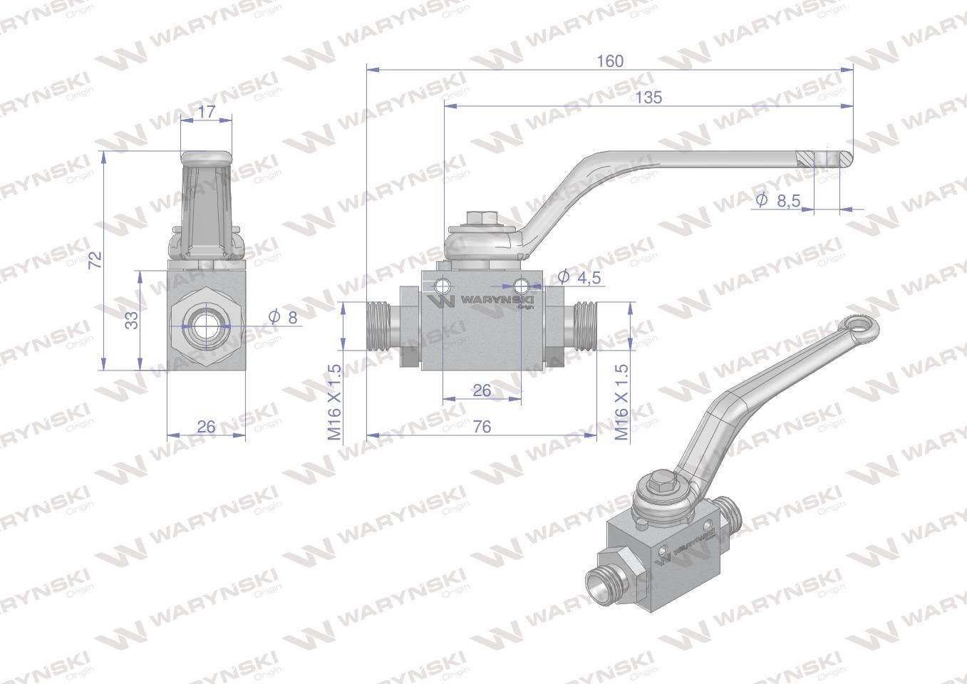 Zawór kulowy hydrauliczny 2-drogowy 2/2 M16x1.5 10L z otworami mocującymi 5 - zdjęcie 4